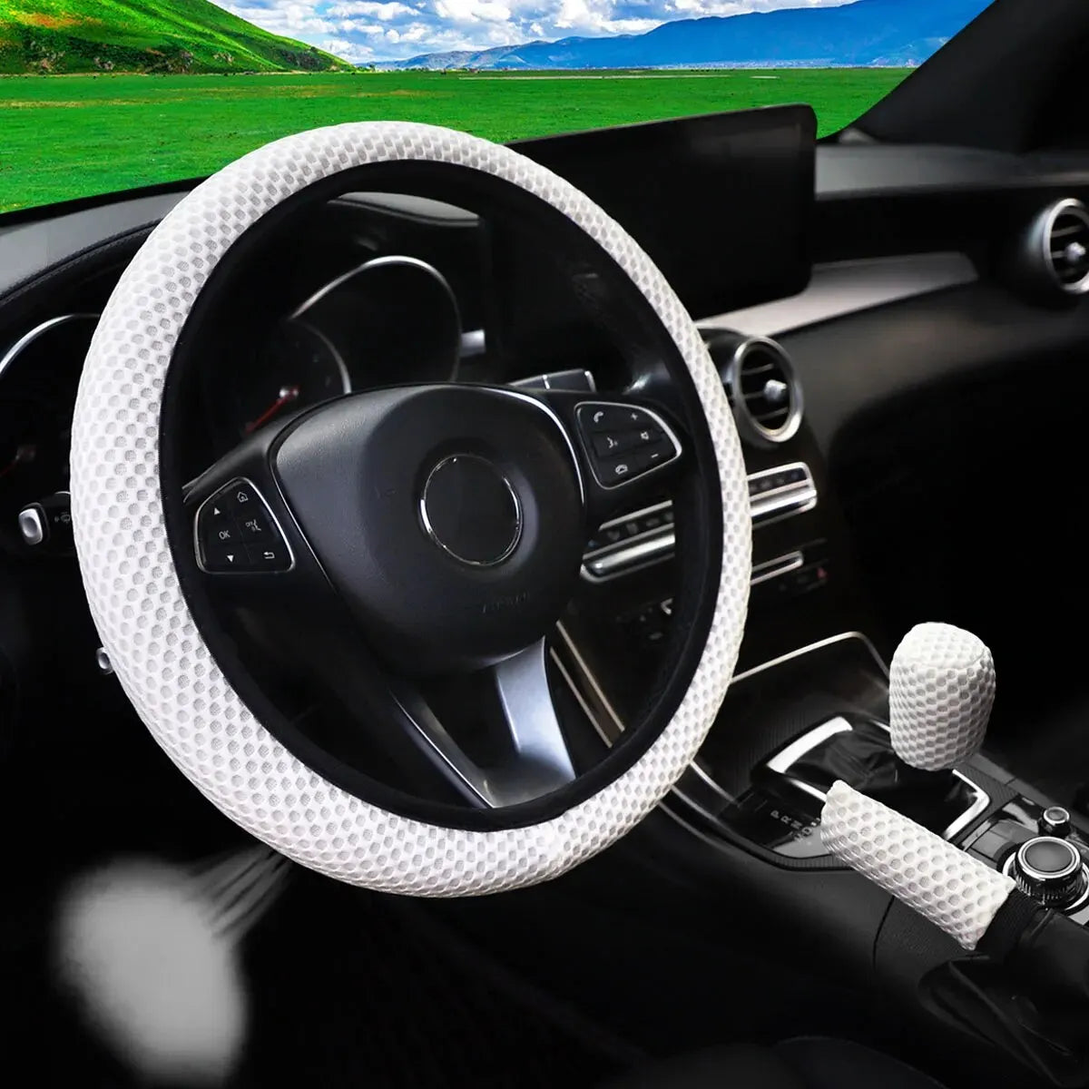3-piece Massage Mesh Cloth Breathable Car without Inner Ring Steering Wheel Cover Handbrake Cover Handle Cover 14.5-15INCH - Madeinsea©