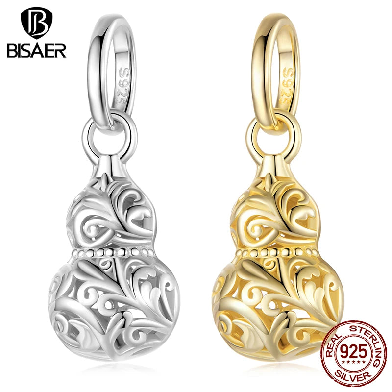 BISAER Real 925 Sterling Silver Vintage Gourd Charm Bead Hollow Pattern Pendant Plated Gold For Women DIY Bracelet Fine Jewelry