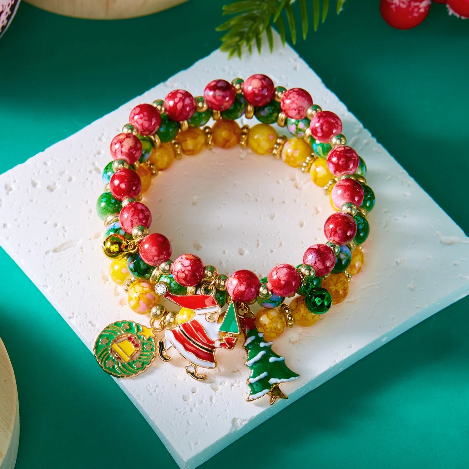 3Pcs Christmas Bracelet Set For Women Colorful Beaded Santa Claus Xmas Tree Snowflake Snowman Pendant Bracelets Festival Gifts