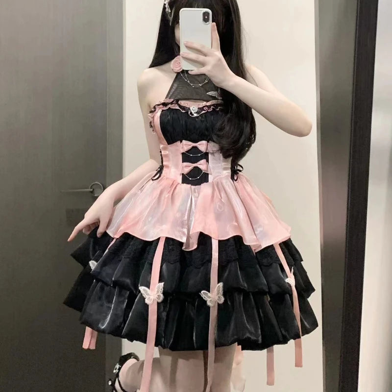 Vintage Victorian Lolita Princess Mini Dress Women Gothic Y2k Bow Lace Ruffles Sleeveless Party Dresses Girl Sweet Elegant Dress