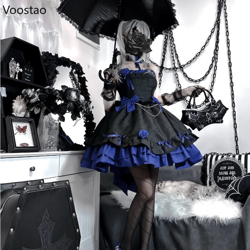 Victorian Vintage Gothic Lolita Jsk Dress Women Elegant Rose Ruffles Bow Princess Dresses Halloween Girls Y2k Tea Party Dress