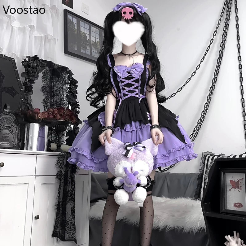 Japanese Gothic Lolita Jsk Dress Japanese Women Harajuku Y2k Halloween Little Witch Cosplay Ruffles Bow Princess Party Dresses