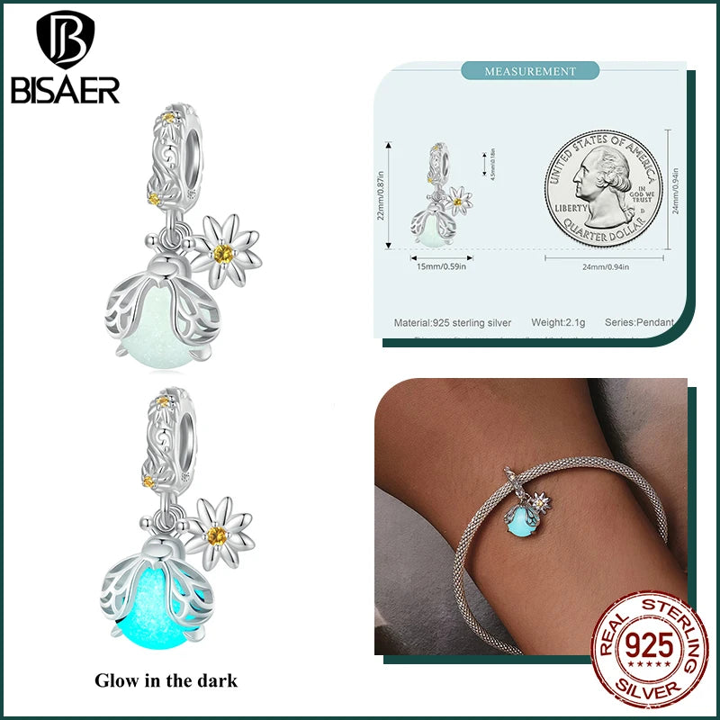 BISAER 925 Sterling Forever Luminous Star Wishing Bottle Charm Bead Moon Cat Owl Pendant Fit Women DIY Bracelet Fine Jewelry