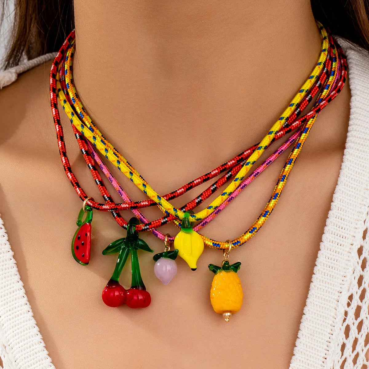 Holiday Summer Bohemian Glass Fruit Pendant Rope Necklace