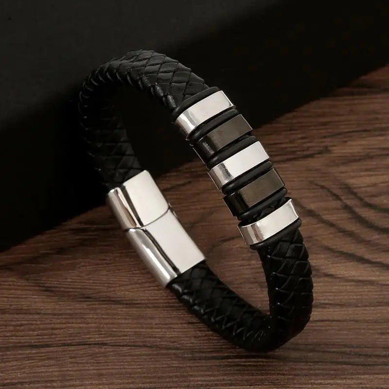 Punk Men Leather Bracelet with Stainless Steel Magnetic Clasp Braided Mutilayer Leather Wrapping Bangles Man Jewelry Gift