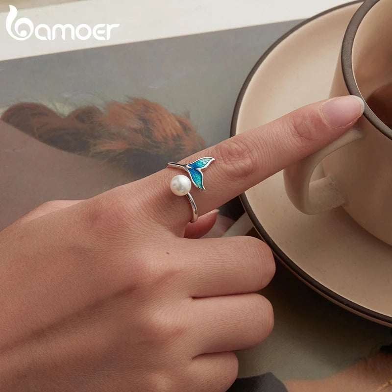 BAMOER Solid 925 Sterling Silver Mermaid Tail Adjustable Ring for Women Girl, Lucky Animal Jewelry Gifts for Women BSR673-E