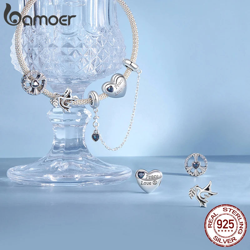 BAMOER 925 Sterling Silber Herzförmiger Peace and Love Charm Bead passend für Original-Armband DIY Bamoer Charm zur Schmuckherstellung