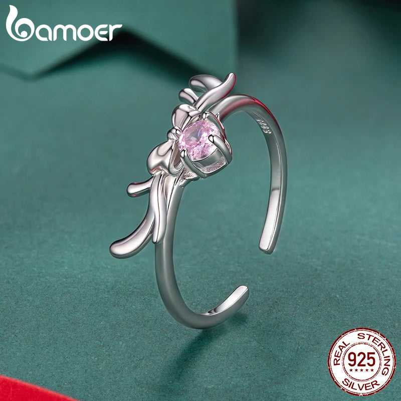 Bamoer 925 Sterling Silber Ring mit süßer Schleife und Rentier, verstellbarer, runder rosa Zirkonia-Ring für Damen und Teenager, wunderschönes Weihnachtsgeschenk