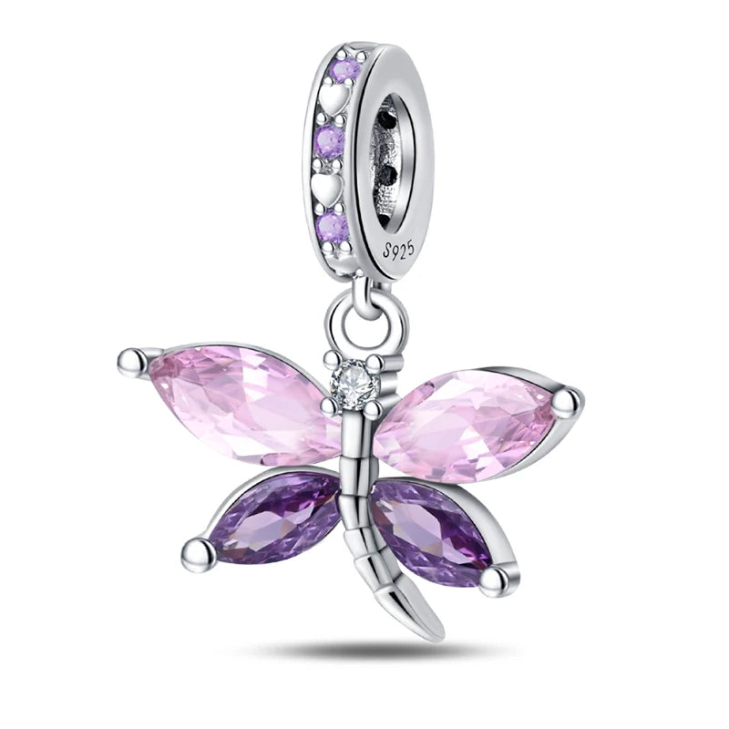 Springtime 925 Silver Gem Butterfly Dragonfly Flowers Charms Pendant Fit Pandach 925 Original Bracelets DIY Little Fresh Jewelry