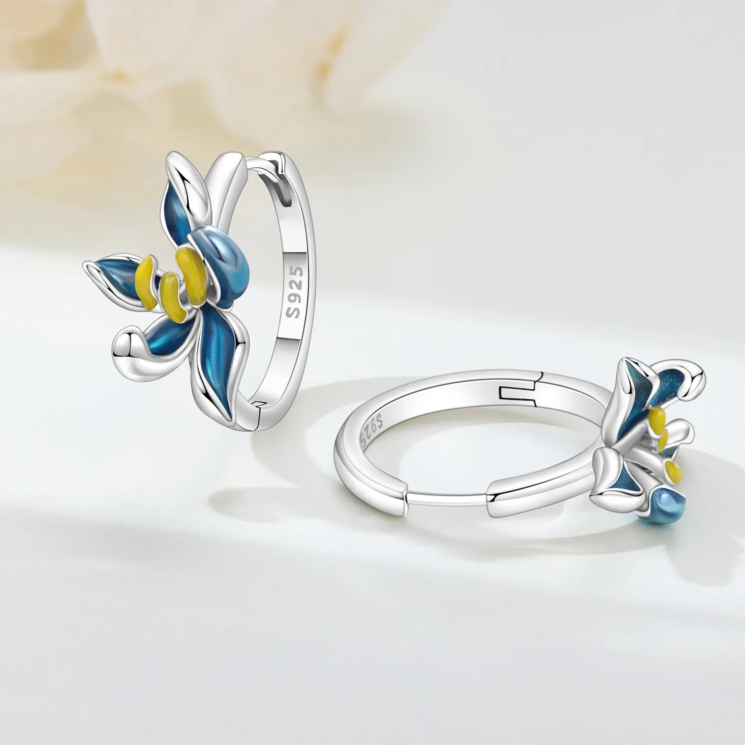 PANPOKI Original 925 Sterling Silver Blue Orchid Flower Earrings Women Hoop Earring Anniversary Jewelry Trendy Gifts