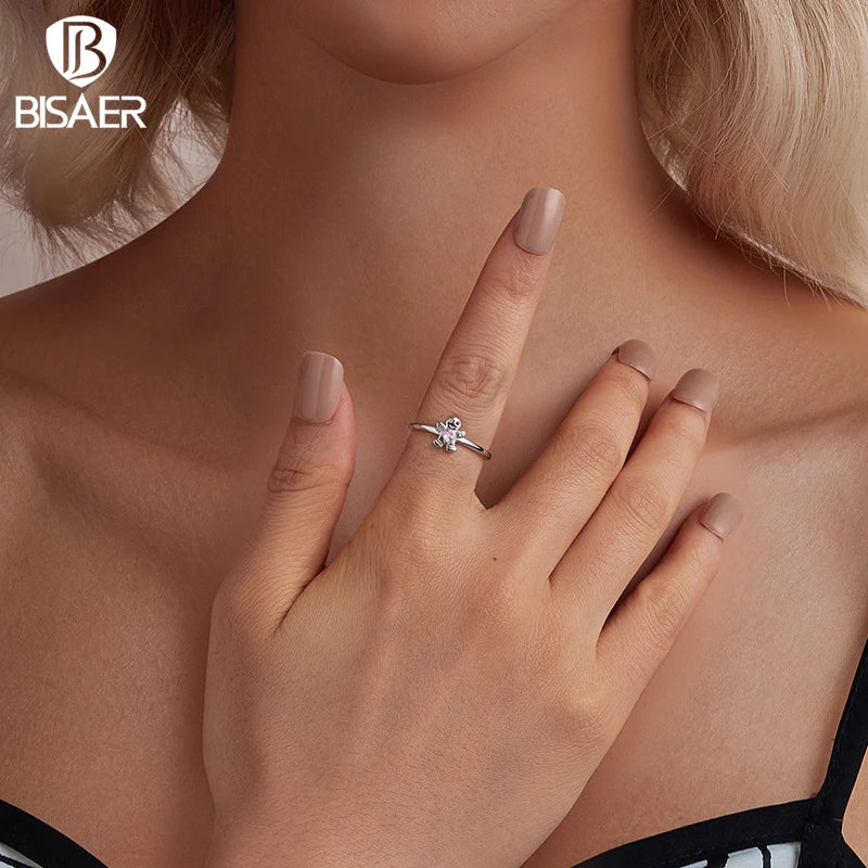 Bague ouverte en argent sterling 925 BISAER en forme de bonhomme en pain d'épices, taille réglable 5 à 9, plaquée or blanc pour femme, bijoux fins de fête