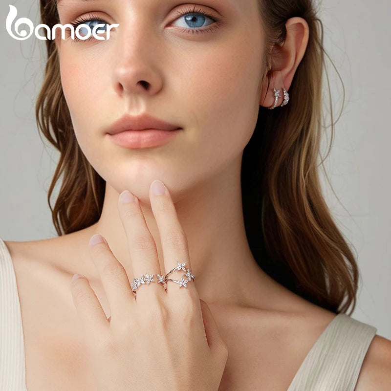 Bamoer 925 Sterling Silver Autumn Leaves Open Ring Pave Setting CZ Maple Leaf Adjustable Ring for Women Teens Anniversary Gift