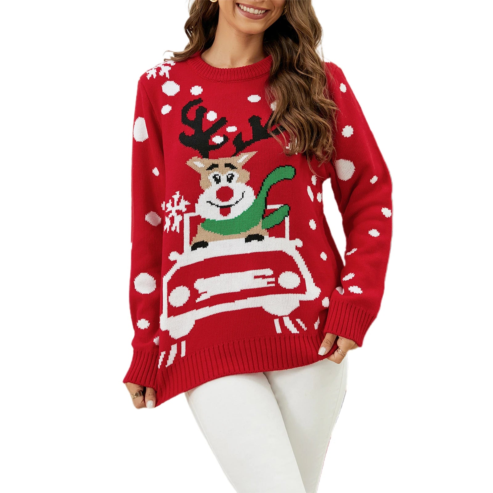 Women s Christmas Sweaters Snowflake Pattern Long Sleeve V-Neck Soft Knit Pullover Jumper with Ribbed Trim and Bell Sleeves