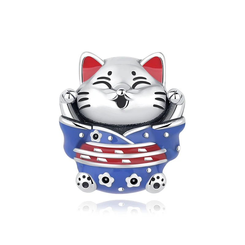 925 Sterling Silver Charms Beads Original Japanese Doll Fortune Cat Charm Fit Brand Bracelets Bangles DIY Jewelry For Women