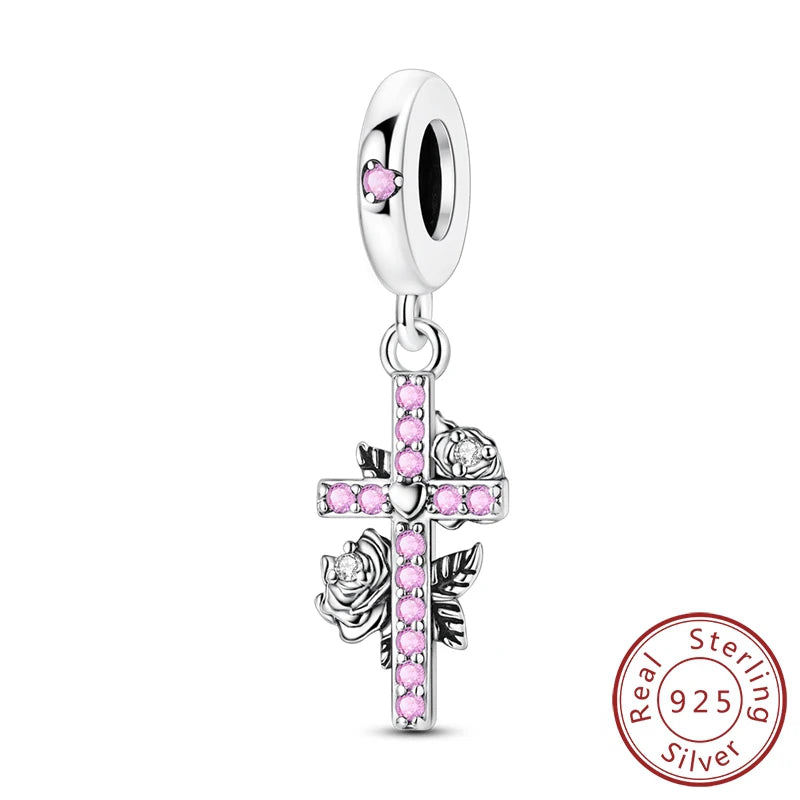 100% 925 Sterling Silver Charms Beads Bible Zircon Cross Jesus Both Hands Pray Fit 925 Original Bracelets Fine DIY Party Jewelry