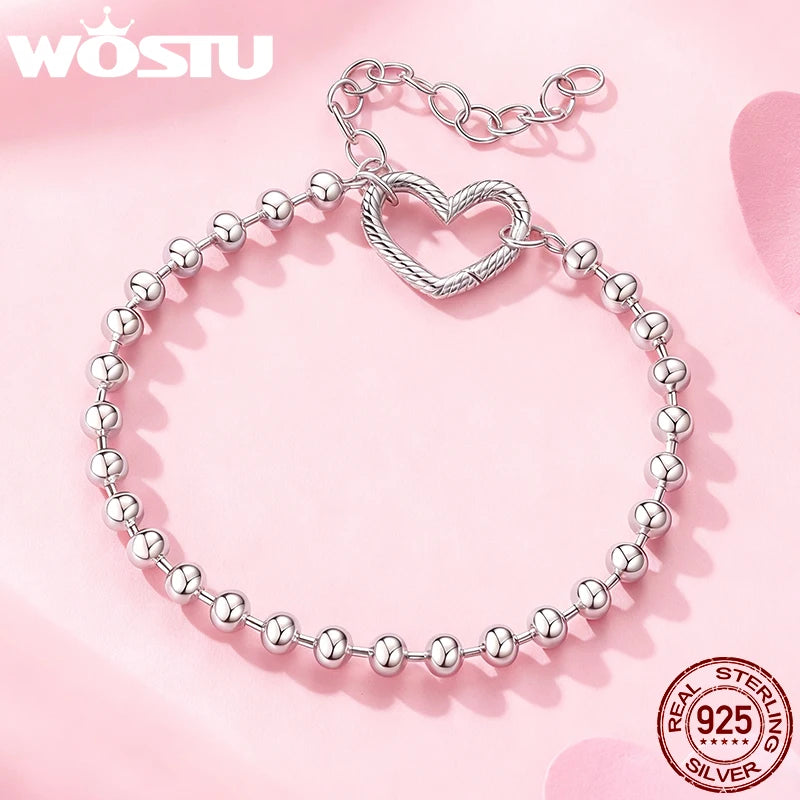 WOSTU Verstellbares Silberperlenarmband mit offenem Herzanhänger, schlichtes Armband aus 925er Sterlingsilber für Charms, Perlen und DIY-Schmuck