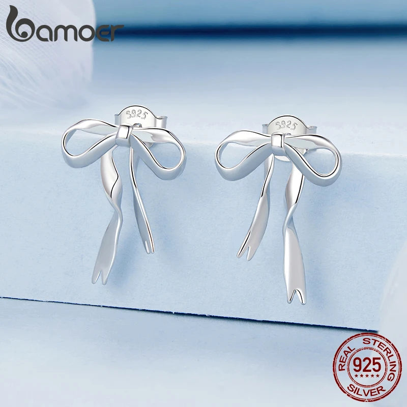 BAMOER Solid 925 Sterling Silver Bow Stud Earrings for Women Bowknot Jewelry Simple Earrings BSE1172