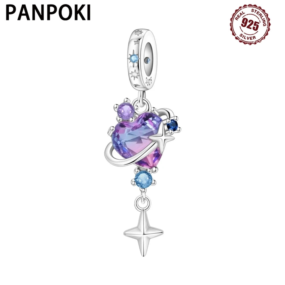 PANPOKI 925 Sterling Silver Colorful Love Satellite Pendant Charms Beads Fit Bracelet DIY Party Trendy Gift Jewelry Accessory