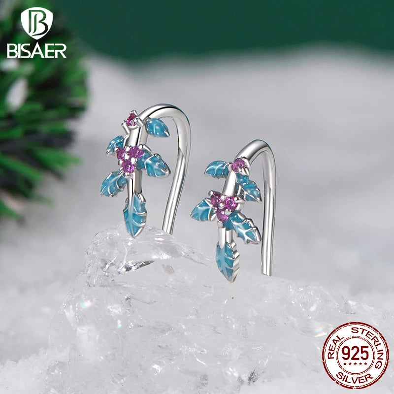 BISAER 925 Sterling Silber Exquisite Stechpalmen-Ohrstecker Emaille-Prozess plattiert Weißgold für Frauen Edler Schmuck Weihnachtsgeschenk