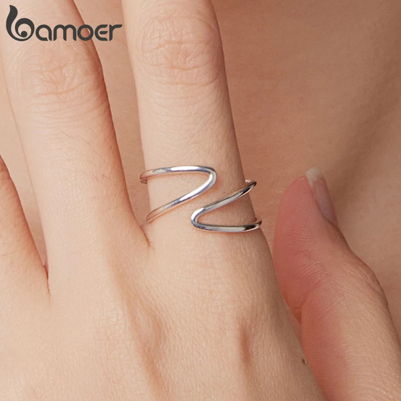 BAMOER 925 Sterling Silber Zweilagiger Kreuzring Offene Linie Geschwungener Ring Schlichter Ring für Damen Teenager Minimalistisches Alltagsgeschenk Feiner Schmuck