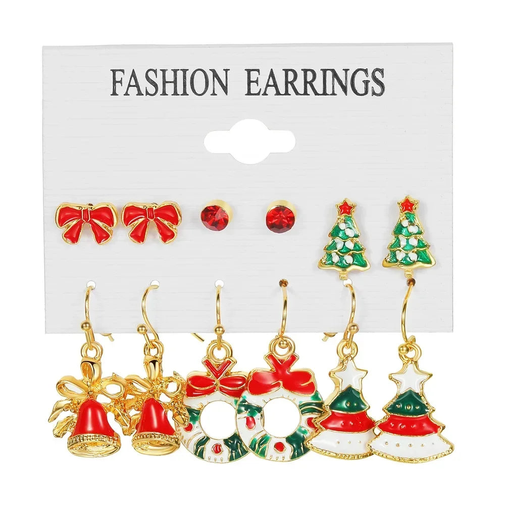 Fashion Cartoon Christmas Earring Set Female Snowflake Tree Snowman Bell Earring Fashion Christmas Ball Earring Jewelry Gifts