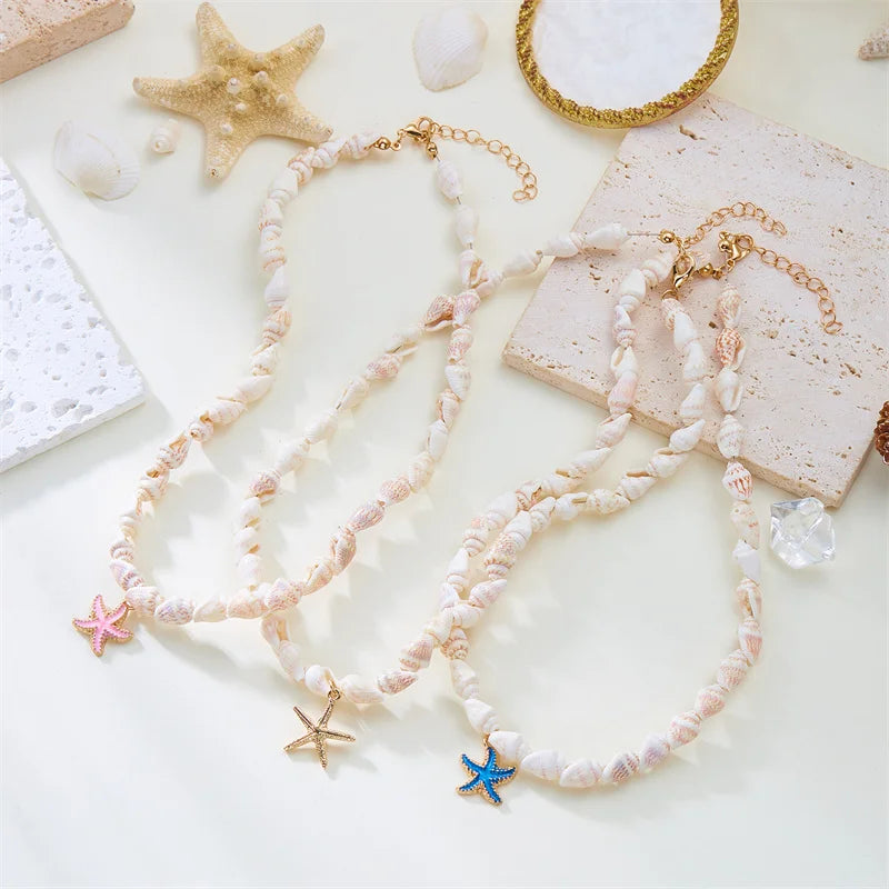 Vintage Bohemian Starfish Pendant Necklaces For Women Sea Shell Beaded Choker Neck Chain Girl Beach Party Banquet Jewelry Gifts