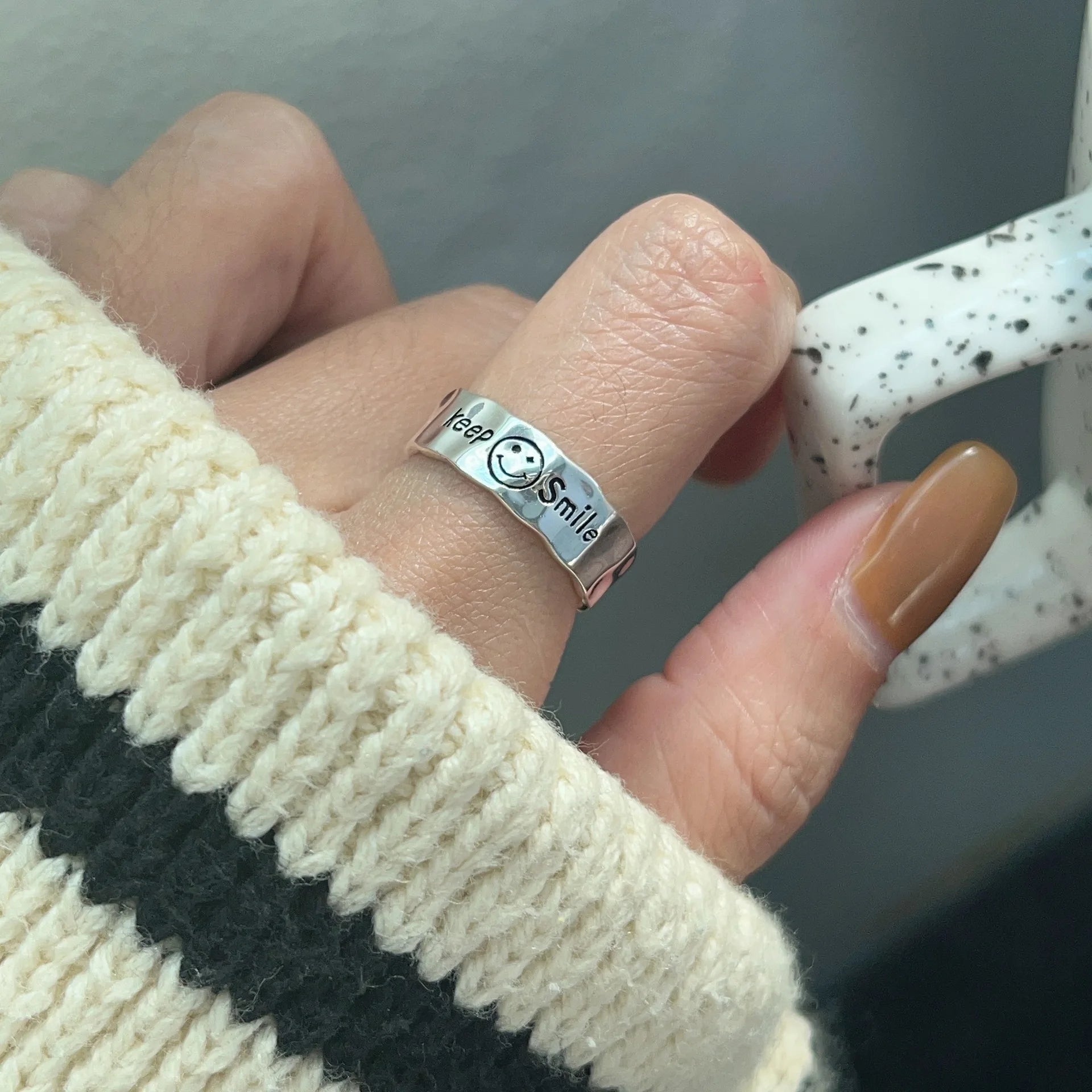 Retro Keep Smiling Irregular Ring For Women Punk Gothic Rock Hiphop Open Ring Handmade Designer Jewelry Unisex Accessories Gift
