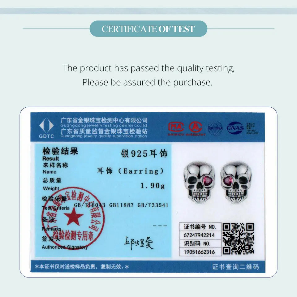 BAMOER 925 Sterling Silver Cool Skull Stud Earrings Red Heart-shaped CZ Hypoallergenic Earrings for Women Fine Jewelry SCE1771