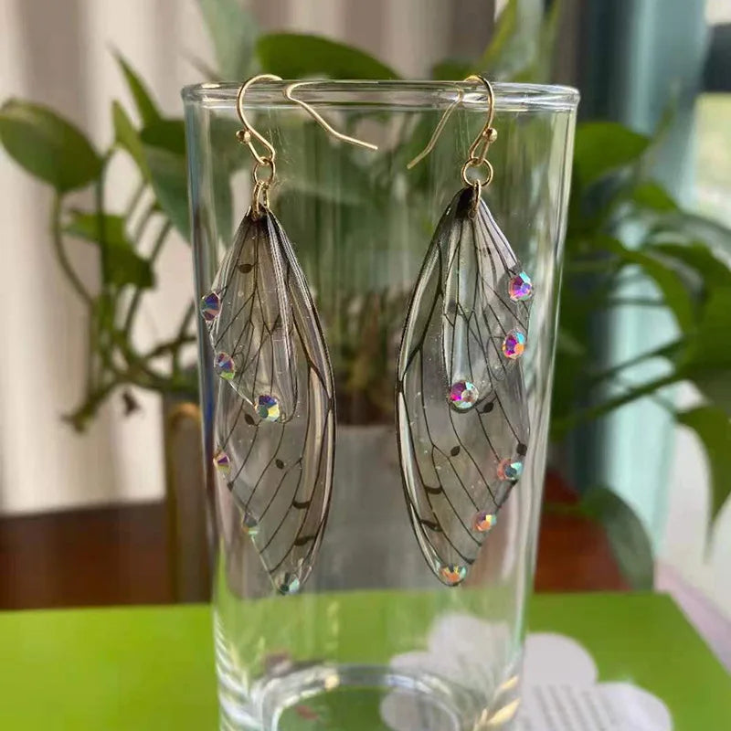 Minar Fairy Clear Gradient Resin Simulation Wings Butterfly Rhinestone Flake Long Dangle Earrings for Women Casual Party Jewelry