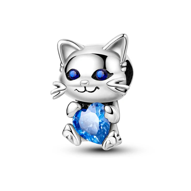 New 925 Silver Pink Rabbit Bear Cat Dog Animal Charms Beads Fit 3mm 925 Original Bracelets Fine DIY Birthday Jewelry