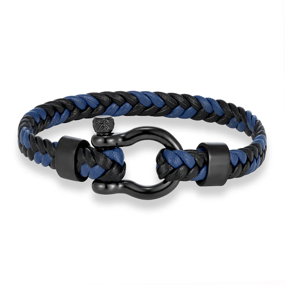 MKENDN Personalised Men's Nautical Shackle & Woven Black Leather Bracelet Gifts For Him Men's Jewellery