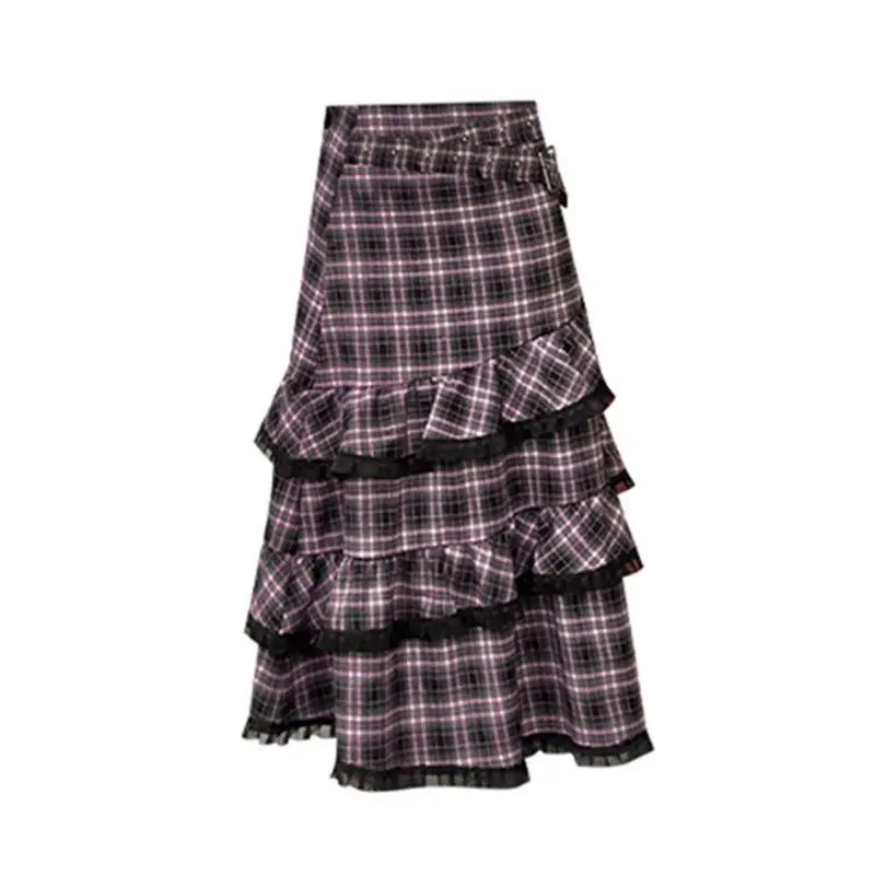 Harajuku Y2k Pink Black Plaid Skirt Women Casual Ruffles Patchwork Fairy Midi Skirts Korean Female Streetwear A-Line Cake Skirt