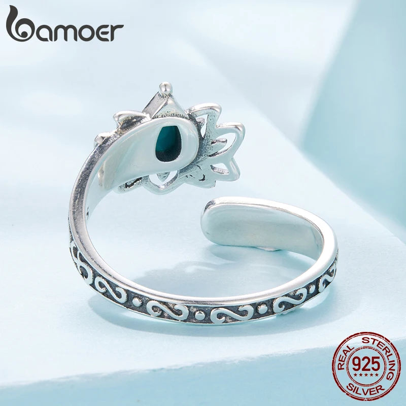Bamoer 925 Sterling Silber Lotus Türkis Offener Ring Verstellbarer Retro-Muster Breiter Ring für Mutter Geburtstagsgeschenk Weihnachtsschmuck