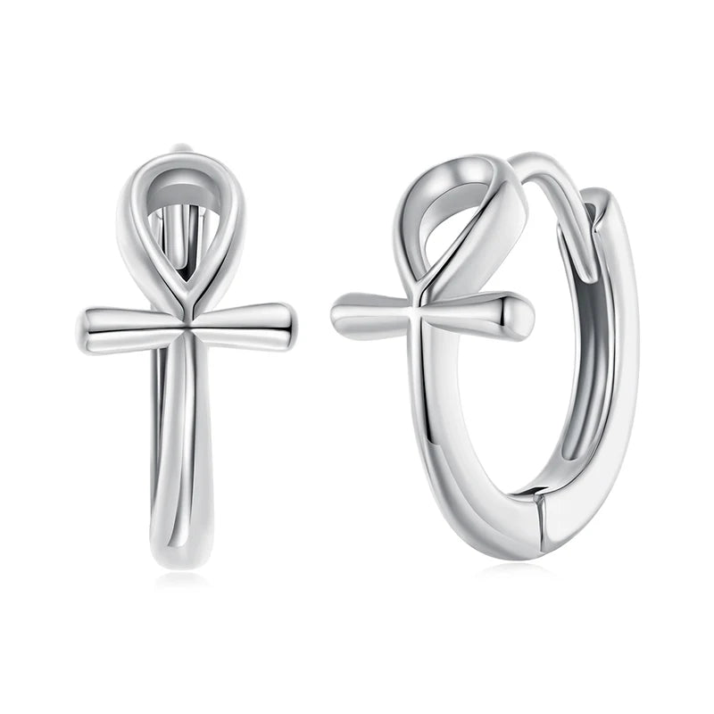 BAMOER 925 Sterling Silver Ankh Cross Huggies Hoop Earrings Original Viking Ear Cuffs for Women Religion Gift Guard Jewelry