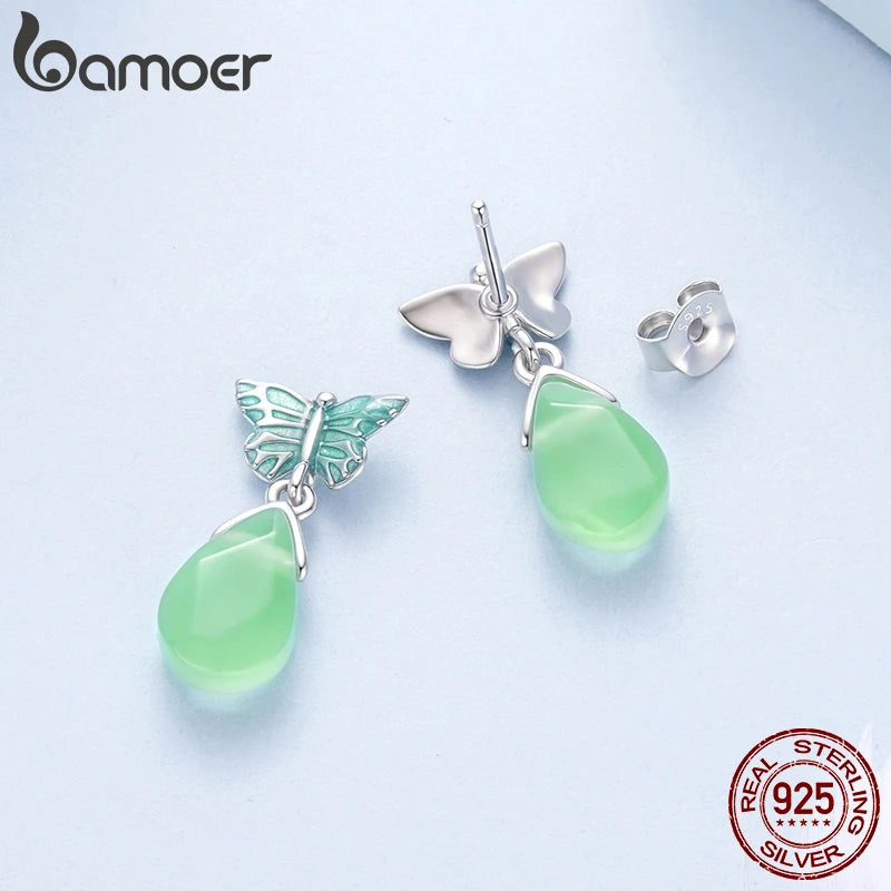 BAMOER 925 Sterling Silver Butterfly Stud Earrings for Women Teens, Crystal Green Resin Teardrop Dangle Earrings Hypoallergenic