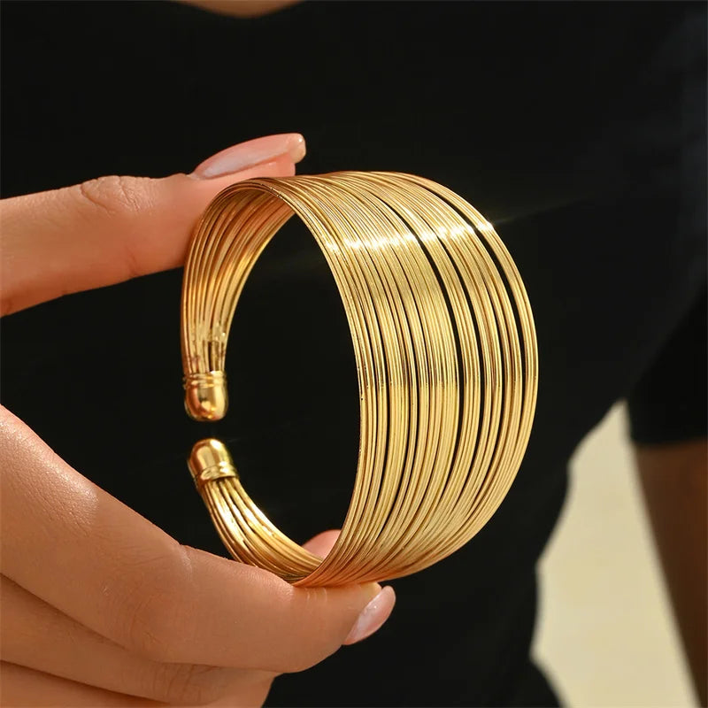 Classic Punk Wide Open Cuff Bracelet Bangle For Women Men Gold Color Punk Metal Wire String Exaggerated Bracelets Charm Jewelry