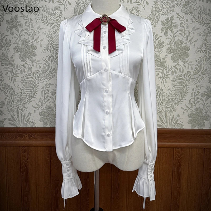Victorian Gothic Lolita Shirts Women Japanese Vintage Y2k Ruffles Gigot Sleeve Slim Blouses Female Elegant Sweet Princess Shirts - Madeinsea©