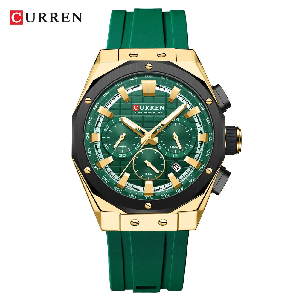 CURREN Casual Sports Quartz Watches for Men Silicone Band Business Chronograph Wristwatch with Date