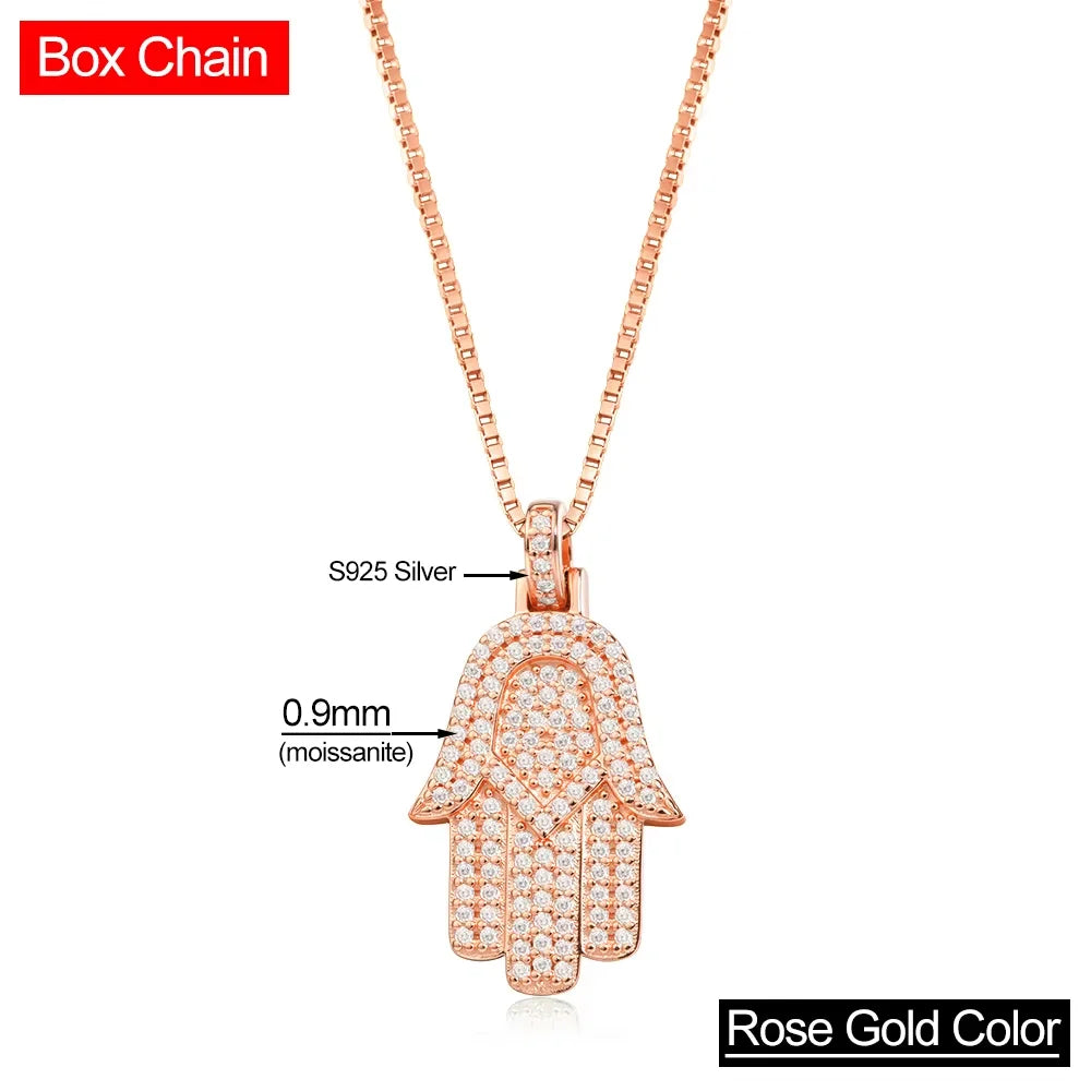 Serenity All Moissanite Necklace for Women Men Gift Hamsa Pendant Neck Chain Pure 925 Silver Hip Hop Jewelry 18K Plated Necklace