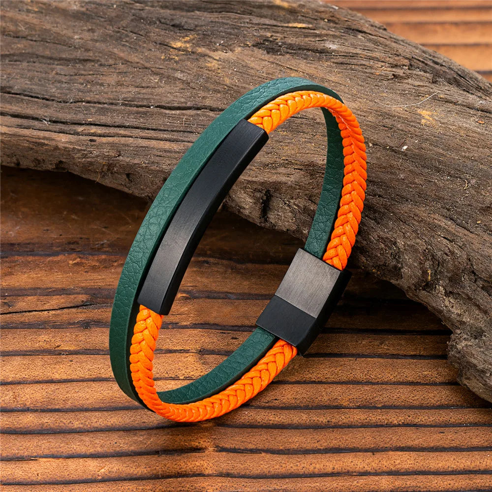 MKENDN Men Women Punk SOS Custom logo Name Engrave Text Adjustable Leather Bracelet customize Stainless Steel ID Bracelet - Madeinsea©