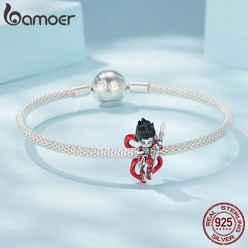BAMOER Red Enamel Nezha Charm Heart Sword Pendant Chinese Funny Figures Beads Fit Original Bracelet DIY Cultural Jewelry Gift