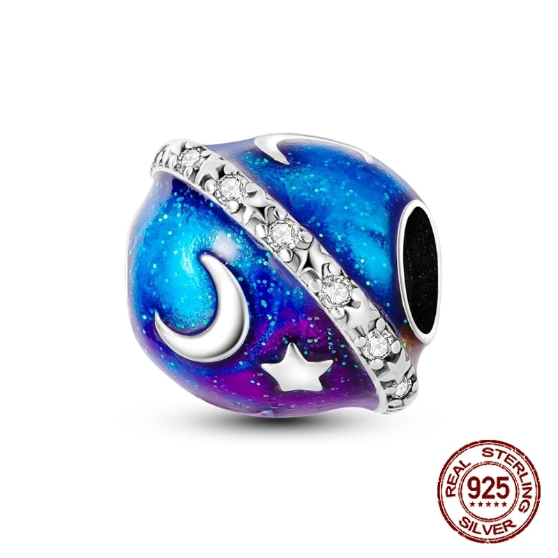 Breloque en argent sterling 925 représentant la lune, l'étoile, l'avion, l'espace, série bleue, compatible avec les bracelets Pandora originaux, bijoux à offrir