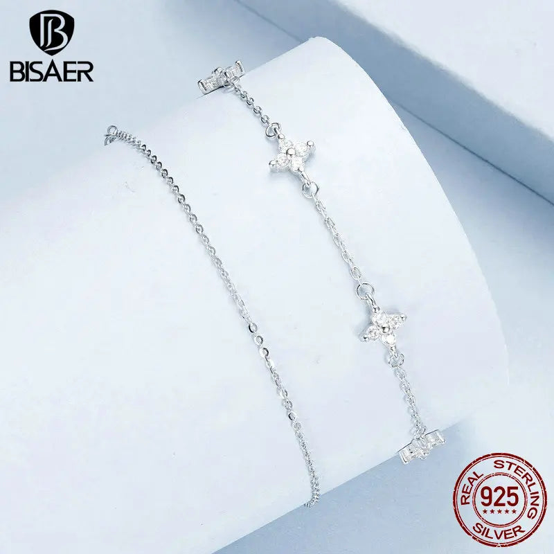 BISAER 925 Sterling Silber Vierblättriges Kleeblatt Fußkettchen Schlichte glänzende Zirkonia Fußkettchen Vergoldet Weißgold Für Frauen Urlaub Edler Schmuck