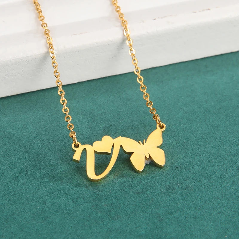 New Fashion 26 Initials Letter Pendant Butterfly Necklace for Women Elegant Stainless Steel Gold Color Necklace Jewelry Gift