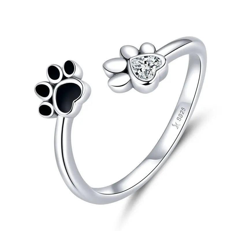 BISAER 925 Sterling Silver Cute Pet Paws Open Ring Black Enamel Hollow Heart Band Adjustable Size for Women Party Fine Jewelry
