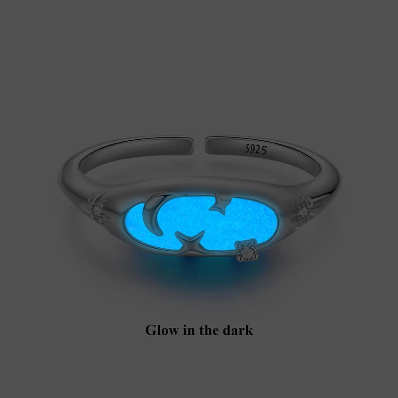 WOSTU 925 Sterling Silver Luminous Ring, Glow in The Dark Moon Star Ring for Women, Star Moon Minimalist Astronogy Lover Gift