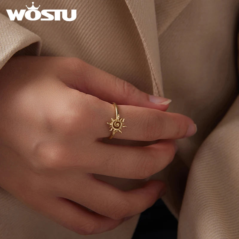 WOSTU 925 Sterling Sliver Golden Sun Open Ring For Women , 18K Gold Plate Sun Adjustable Rings Stacking Xmas Holiday Punk Gift