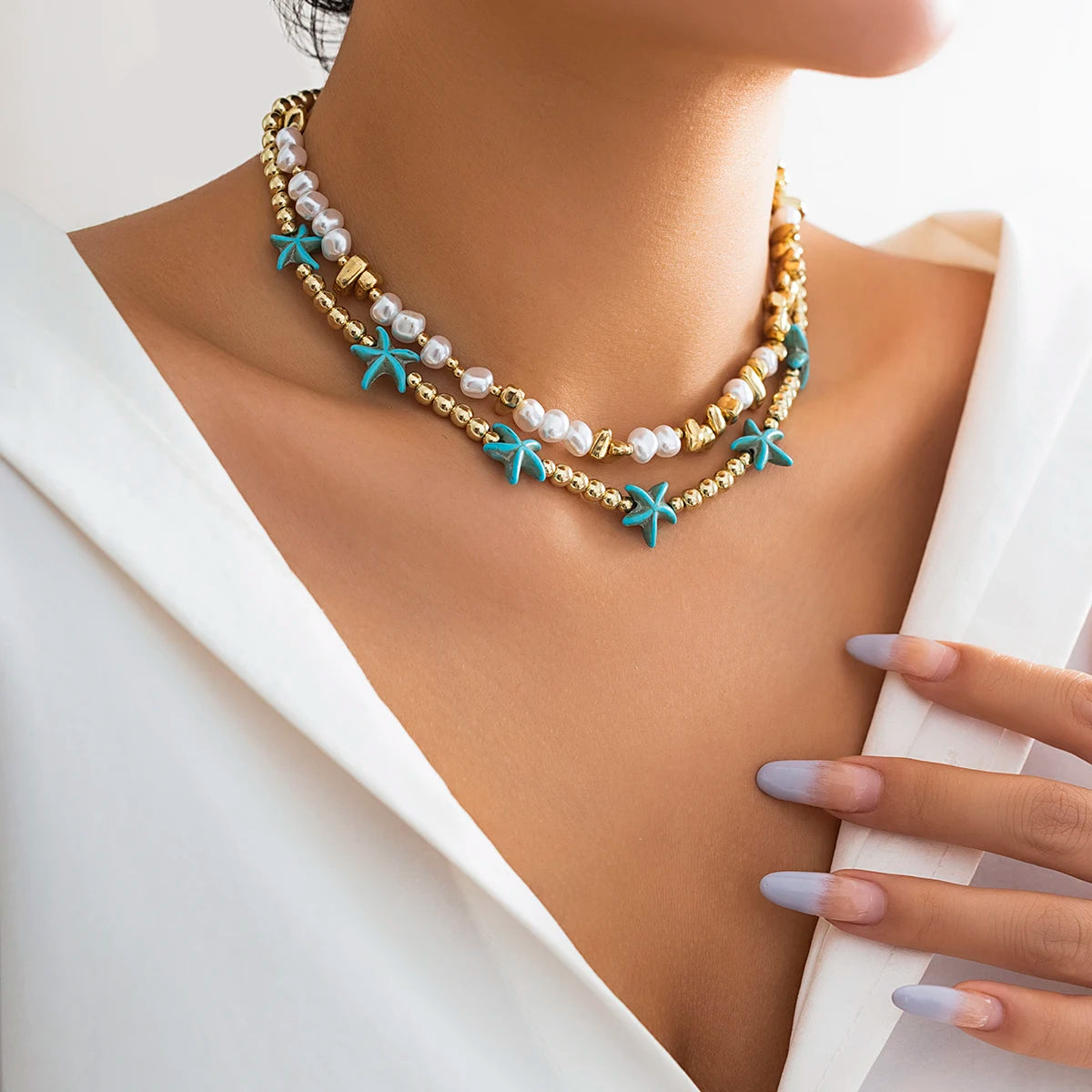 2Pcs/Set Boho Ocean Blue Starfish Star Beads Chain Necklace for Women