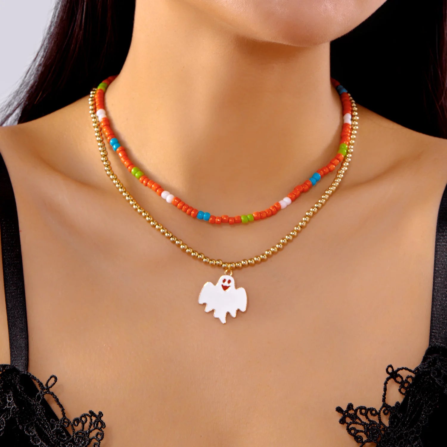 Halloween Mixed Color Rice Beads Necklace for Women Ghost Pumpkin Skull Black Bat Pendant Beaded Clavicle Choker Party Jewelry