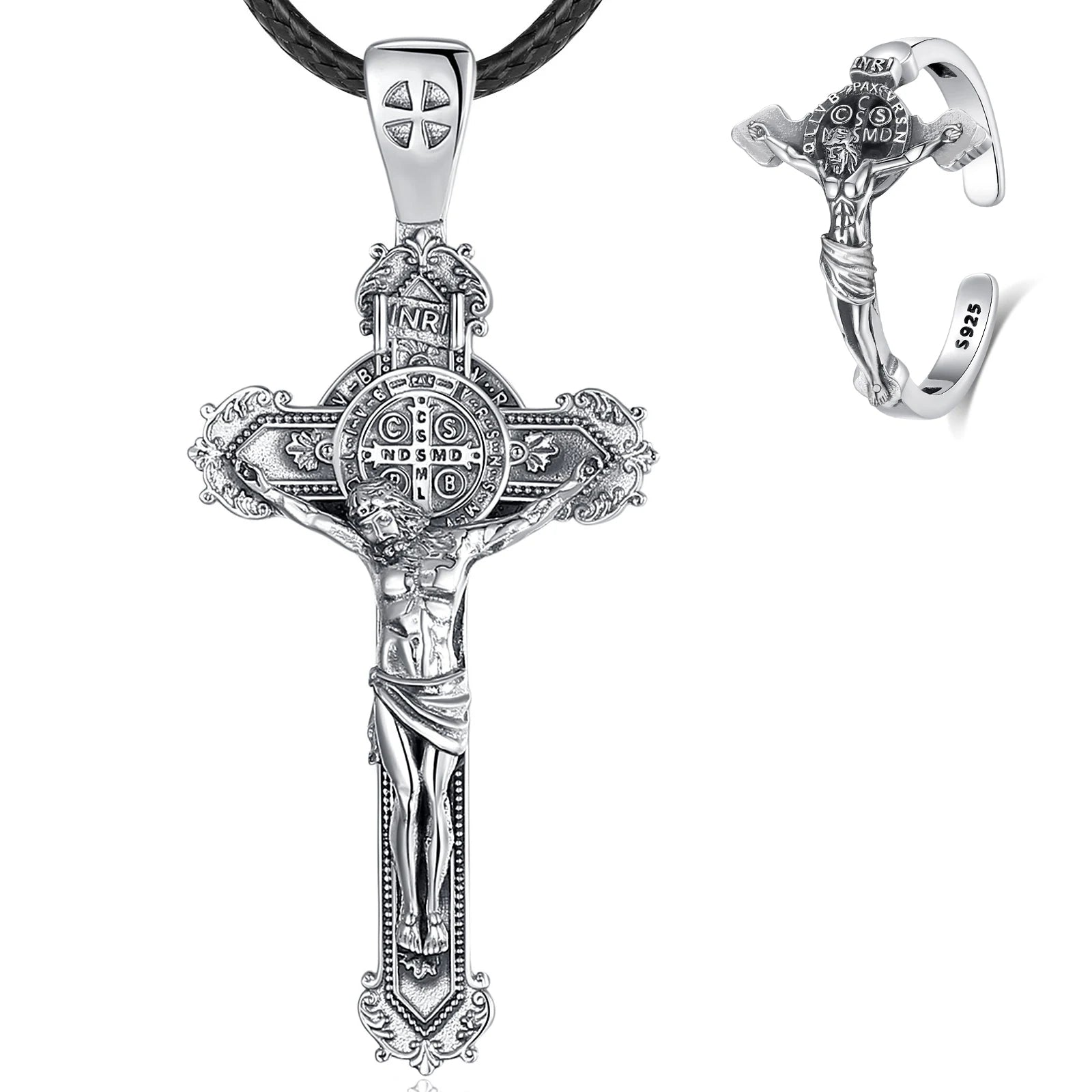 Eudora 925 Sterling Silver Saint Benedict Rings & Necklace San Benedict Crucifix Cross Jewelry Set Religious Gift for Man Women